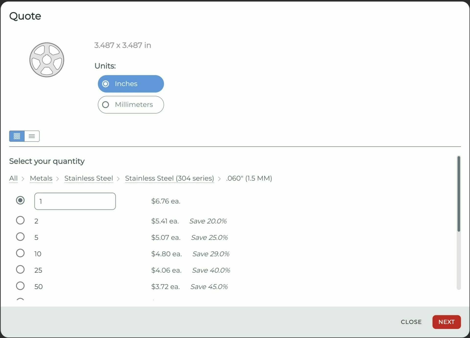 Screenshot from the SendCutSend instant quote tool showing a 304 stainless steel sprocket priced at $6.76 per sprocket.